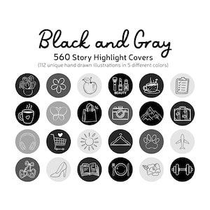 Puede incluir: Portadas de historias Black and Gray. La imagen presenta 25 iconos circulares con ilustraciones en blanco y negro. Los iconos incluyen una planta, una flor, una manzana, productos de belleza, una taza de café y más.
