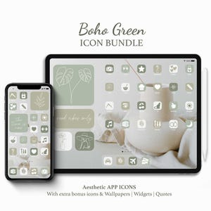 Boho Green Theme Phone und Tablet Bundle, Sage Green App Icon Pack, Mint-Hintergründe, Olive Töne Startbildschirm