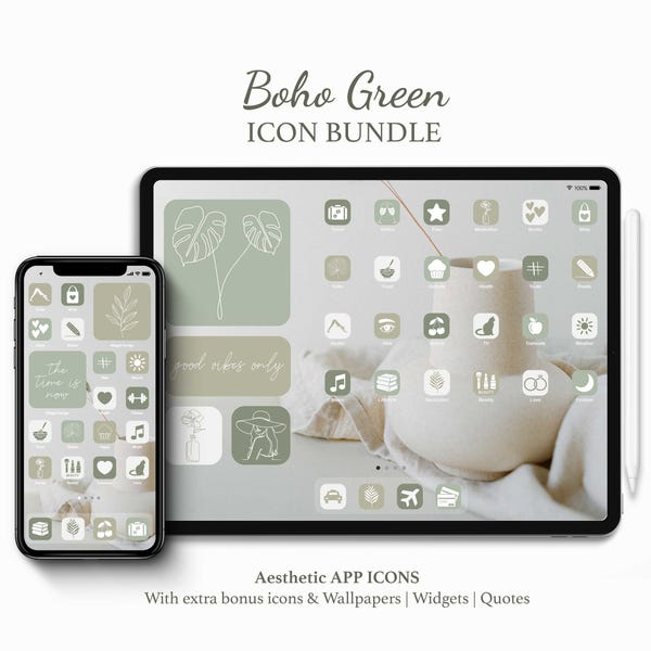 Paquete de teléfono y tableta con tema verde bohemio, paquete de iconos de aplicaciones verde salvia, fondos de pantalla menta, pantalla de inicio en tonos oliva