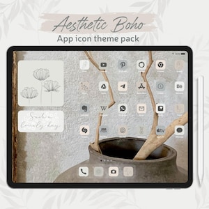iPad Aesthetic Boho Icon Pack, Neutral iPad Homescreen Theme, Pastel Tones Filled and Thin Icons, iPadOS App Covers, Widgets and Wallpapers