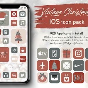 Noël esthétique vintage, icônes d&#39;applications iOS et Android, pack vacances et hiver, coques d&#39;icônes pour iPhone aux couleurs vintage, papiers peints de Noël