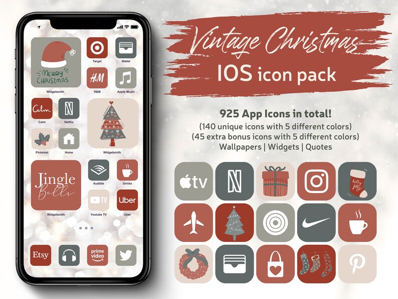 Vintage Aesthetic Christmas IOS 16 App Icons, Holiday And Winter Icon Theme Pack, Vintage Colors iPhone App Icon Cover, Christmas Wallpapers 