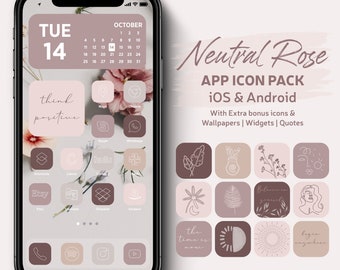 iPhone IOS App Icons Neutral Rose Theme Pack, Soft Rose icons, Aesthetic Iphone Shortcuts and Widget icons, Pastel Pink & Brown App Icon Set