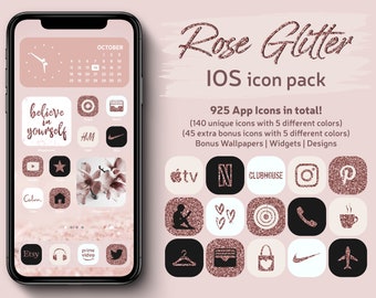 Rose Glitter iPhone iOS App Icons Theme Pack, Glitter Aesthetic App Icon, Blush Pink and Cream Color App Icons, IPhone Rose Gold Homescreen