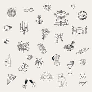 May include: A collection of hand-drawn black and white illustrations of various objects. Includes a disco ball, sunglasses, a sun, an anchor, a signpost, a heart, a teacup, a candelabra, flowers, a bow, a table with chairs, a pearl, and more.