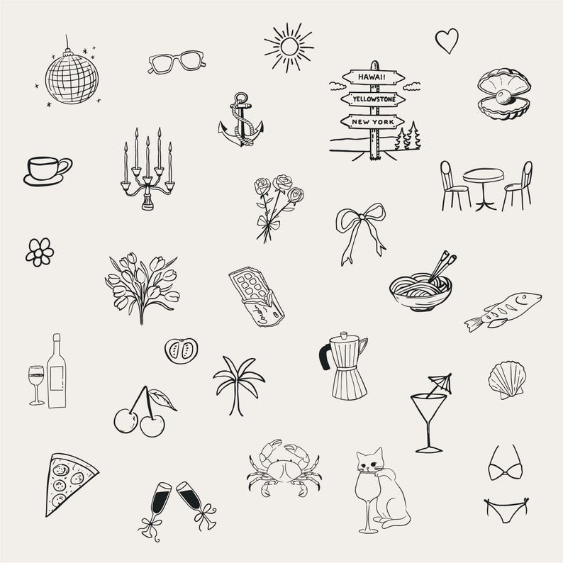 May include: A collection of hand-drawn black and white illustrations of various objects. Includes a disco ball, sunglasses, a sun, an anchor, a signpost, a heart, a teacup, a candelabra, flowers, a bow, a table with chairs, a pearl, and more.