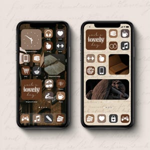 ダークアカデミアのスマホアプリアイコンテーマパック、クラシックアートのアプリカバー、ブラウンの美的ホームスクリーン壁紙、ウィジェット、名言集