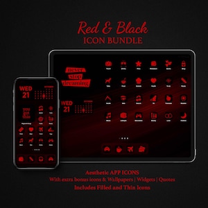 May include: Aesthetic app icon bundle in red and black. The image shows a smartphone and tablet displaying app icons, widgets, and wallpapers. The text includes "Red & Black ICON BUNDLE", "never stop dreaming", and "you got this".