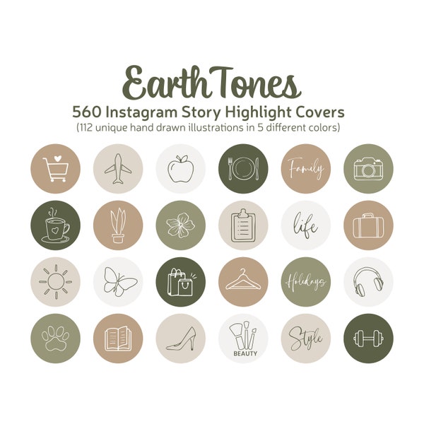 Earth Tones Lifestyle Instagram Highlight Covers, Boho Highlight Story Covers, Hand Drawn Story Icons, Green And Beige Highlights, IG Covers