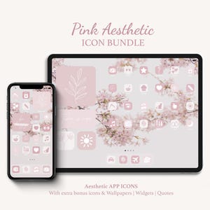 Paquete de íconos de aplicaciones en rosa, pantalla de inicio con estética suave, íconos de aplicaciones en tonos pastel, fondo de pantalla en tonos pálidos y widgets para tableta.