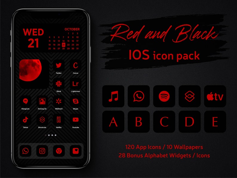 Red and Black App icons IPhone IOS 16 and iOS 15 Theme, Minimalist Black App Cover, Red on Black App Icons with Bonus Alphabet Widgets Icons 