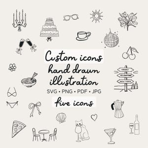 Personalized Hand Drawn Icons, Custom Cute Illustration Set of Five, Sticker, Wedding, Event, Party, Custom Branding Logo Design Artwork image 1