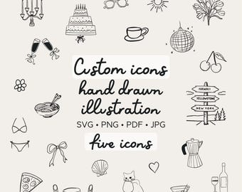 Personalized Hand Drawn Icons, Custom Cute Illustration Set of Five, Sticker, Wedding, Event, Party, Custom Branding Logo Design Artwork
