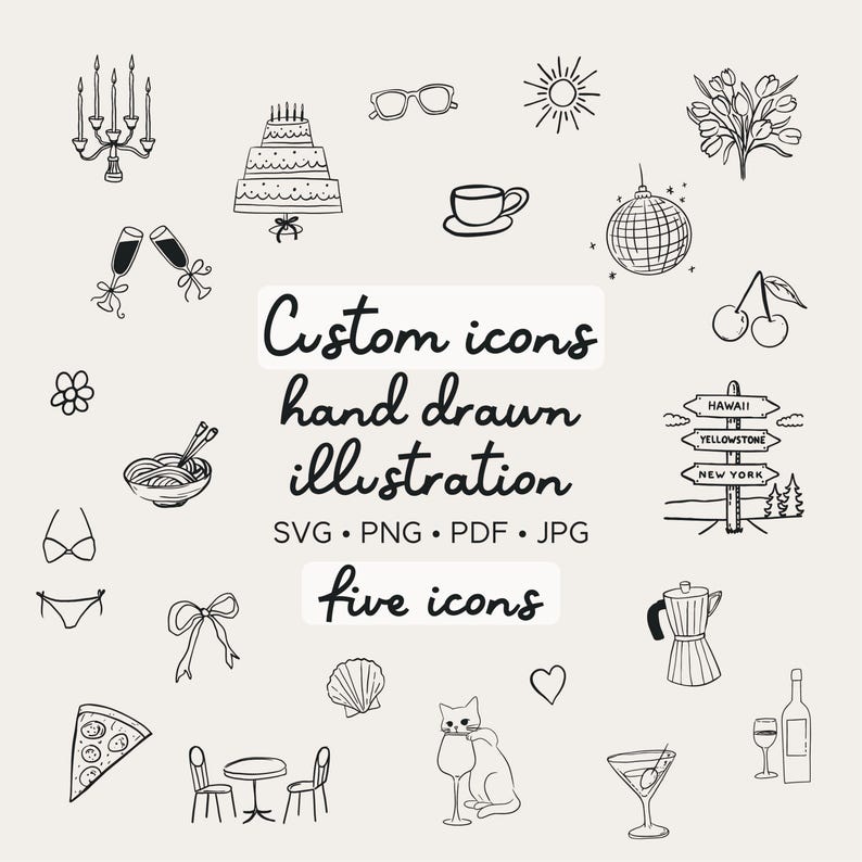 Personalized Hand Drawn Icons, Custom Cute Illustration Set of Five, Sticker, Wedding, Event, Party, Custom Branding Logo Design Artwork image 1