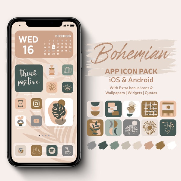 Bohemian IPhone iOS 16 App icons Theme Pack, Cream Beige Aesthetic Home Screen, Abstract App Icon Bundle, IOS Boho Style Wallpaper & Widgets