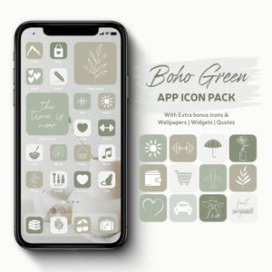 May include: A mobile phone screen showcases a "Boho Green" app icon pack. The icons are in green and white, with images such as a sun, heart, and musical note. The screen also displays the text "The Time is Now".
