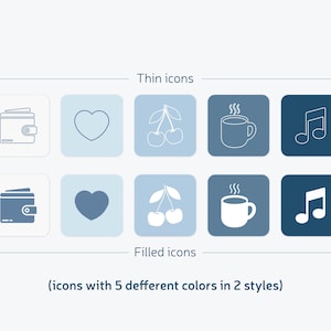 May include: A graphic showing two rows of icons in two styles: thin and filled. The icons include a wallet, heart, cherries, a mug of coffee, and a musical note. The text reads "(icons with 5 different colors in 2 styles)".