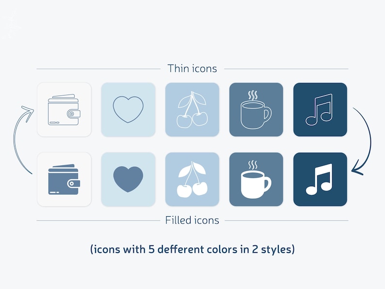 May include: A graphic showing two rows of icons in two styles: thin and filled. The icons include a wallet, heart, cherries, a mug of coffee, and a musical note. The text reads "(icons with 5 different colors in 2 styles)".