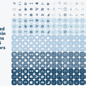 May include: A collection of filled and thin icons in five shades of blue. The icons include shopping carts, phones, locks, hearts, hangers, coffee cups, moons, umbrellas, stars, and more. The text "Filled & Thin Icons x5 Colors" is also present.