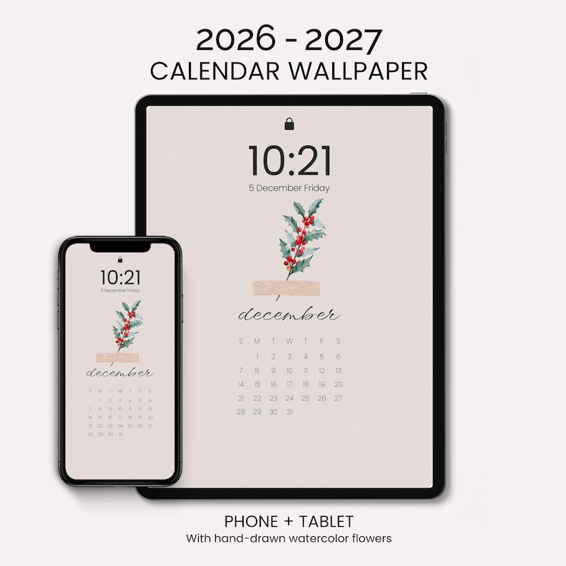 2026-2027 Calendar Wallpaper | Watercolor Flowers Phone & Tablet