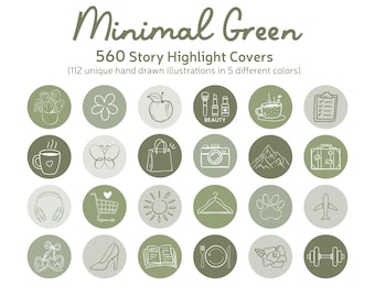 Minimal Green Highlight Icon Covers, Lifestyle Sage Hand Drawn Story Icons, Olive Color Social Media Highlight Set