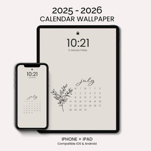 2025-2026 Digitaler Kalender Wallpapers, minimaler moderner iPad Lock Screen mit Line Art Boho Blumen, monatlicher iPhone Desktopkalender