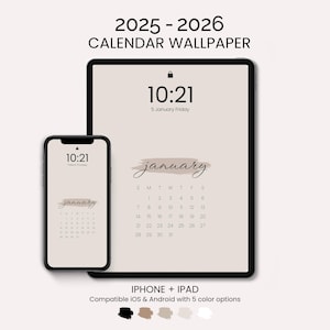 2025 and 2026 Calendar Wallpapers 5 Different Colors, Minimal Modern iPad & iPhone Lock Screen Wallpaper, Monthly Digital Desktop Background