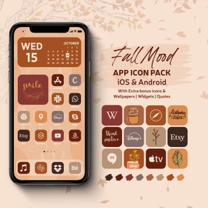 Pacchetto di icone per app iOS Fall Mood, pacchetto di temi per icone per app iOS per iPhone, download di icone per schermata iniziale estetica autunnale, colori arancioni e marroni
