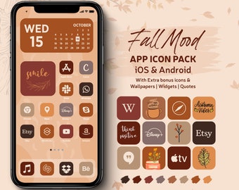 Herbst Stimmung iOS App Icons Bundle, iPhone iOS App Symbole Themenpaket, Herbstästhetische Startbildschirmsymbole herunterladen, Orange- und Brauntöne