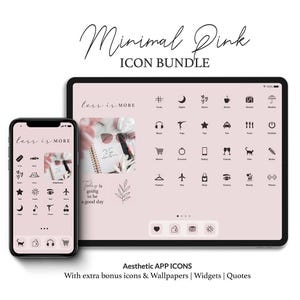 Paquete de íconos de aplicaciones con tema minimalista rosa / Íconos y widgets estéticos / Diseño de pantalla de inicio elegante con fondos de pantalla pálidos