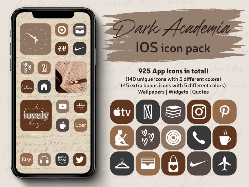 Dark Academia IPhone iOS App icons Theme Pack, Classic Art App Covers, Brown Aesthetic iPhone Home Screen Wallpapers, Widgets & Quotes Pack 