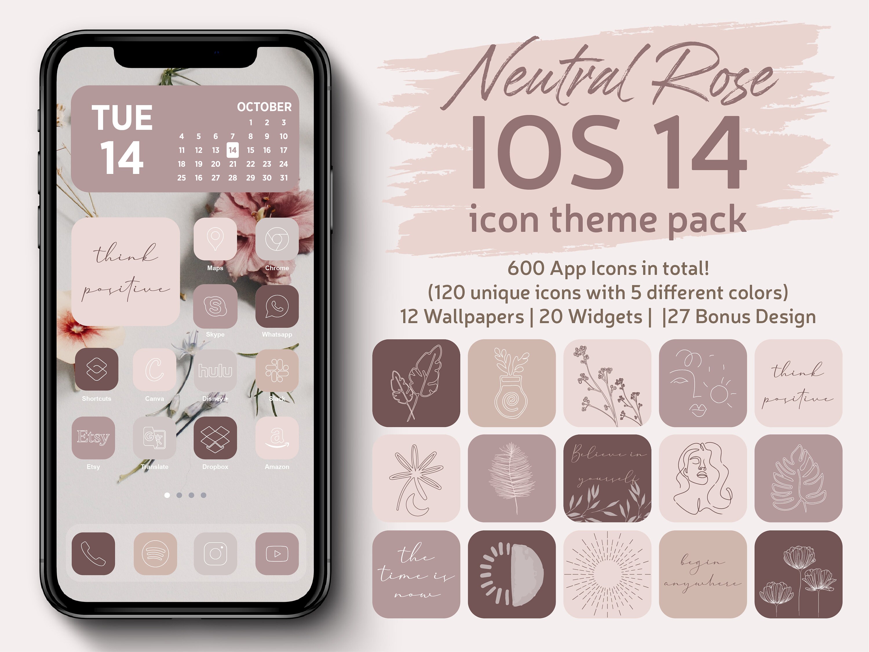 iPhone iOS 14 App icons Theme Pack, 600 Soft Rose Icons, Brown Pastel…
