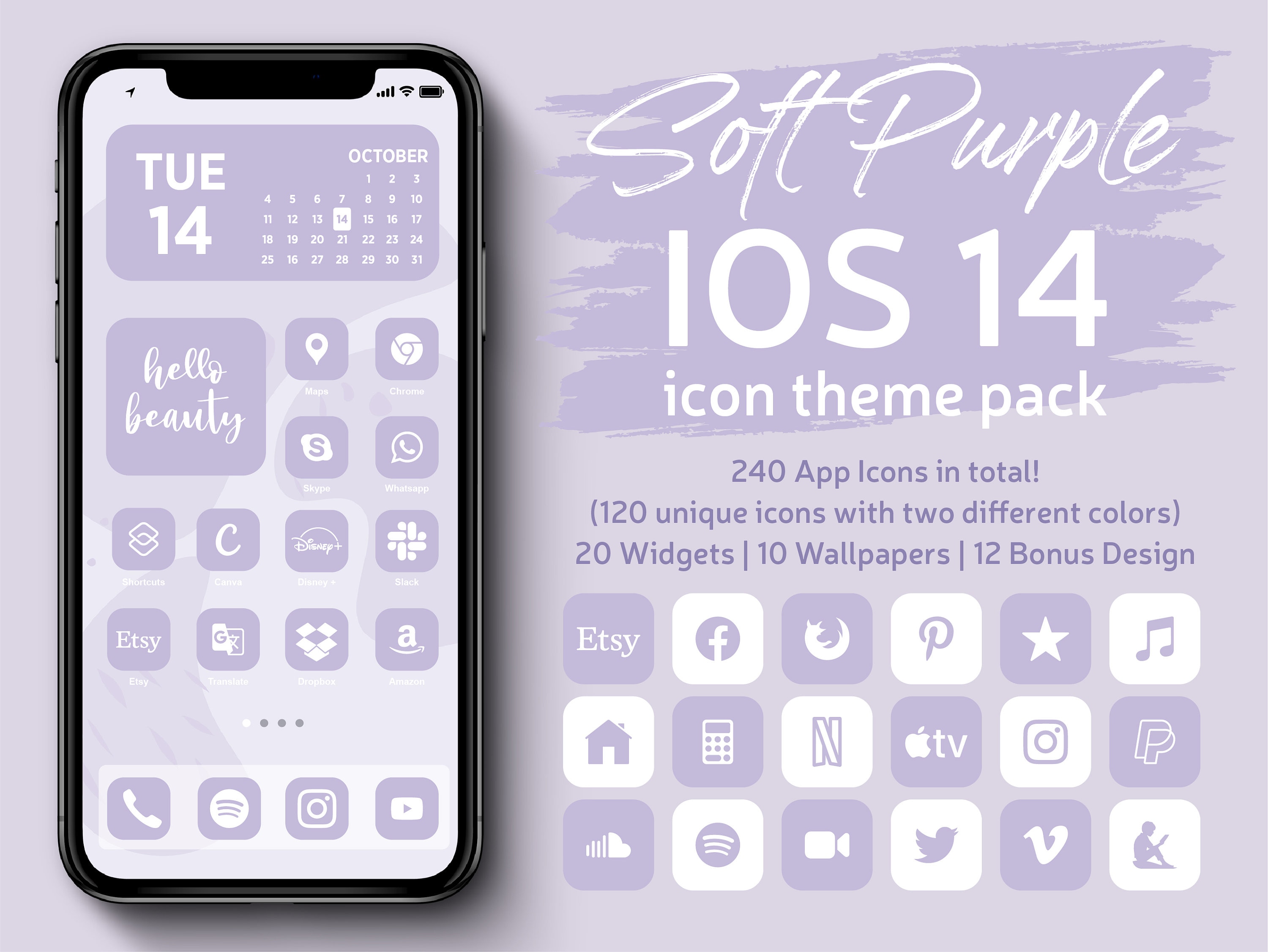 iPhone iOS 14 App icon Pack, 240 Soft Purple icons & White and Lilac …