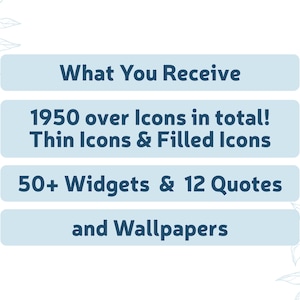 May include: A graphic with the text "What You Receive" followed by lists of digital assets. The lists include "1950 over Icons in total! Thin Icons & Filled Icons", "50+ Widgets & 12 Quotes", and "and Wallpapers".