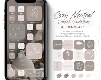 Neutral App Icons, Boho, Hand Drawn Widgets (Digital Download
