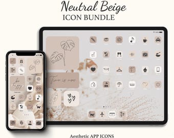 May include: Aesthetic app icon bundle in neutral beige tones, displayed on a smartphone and tablet. The phone features icons with a minimalist design, and the tablet showcases additional app icons. Text includes "Neutral Beige ICON BUNDLE" and "Aesthetic APP ICONS".