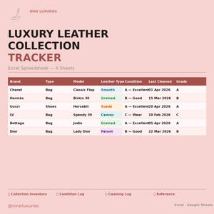 May include: A pink spreadsheet titled "LUXURY LEATHER COLLECTION TRACKER" lists luxury brand bags and shoes, including Chanel, Hermès, Gucci, LV, Bottega, and Dior. The spreadsheet details model, leather type, condition, and cleaning dates.