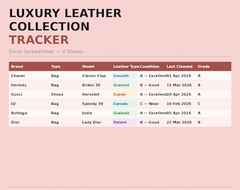 Luxury Leather Collection Inventory Tracker Spreadsheet | Leather Bag Care Guide | Digital Download | Luxury Bag Collector