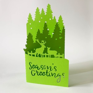 Biglietto pieghevole per foresta invernale di Natale, SVG, modello di download digitale, Papercut, cartolina di Natale