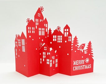 Plantilla digital, tarjeta emergente Christmas Village. Cortar archivo en formato SVG, PDF, PNG. Descarga instantánea, bricolaje 3D