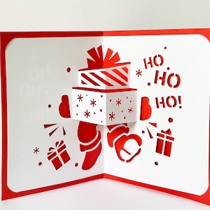 Digitale sjabloon pop-up kerstkaart, kerstmannen, cadeautjes, geschenken SVG, doe-het-zelf, instant download