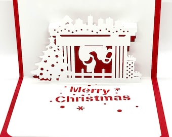 Digital template Pop-up Christmas card, Ho Ho Ho Santas at fireplace, SVG, DIY, instant download
