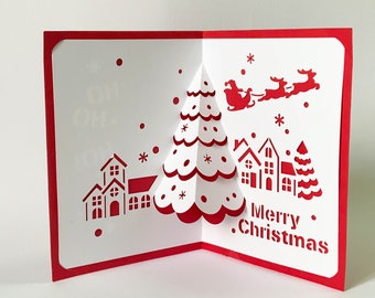 Modello digitale Pop-up biglietto di Natale, villaggio di Natale e Babbi Natale, SVG, fai da te, download immediato