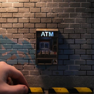 Puede incluir: Un cajero autom&aacute;tico gris con las palabras "GRIME CITY BANK" y "ATM" en &eacute;l, montado en una pared de ladrillo.
