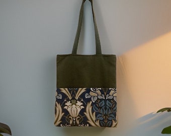 Sac fourre-tout en toile fabriqué à la main avec poche, sac en toile avec sangle, sac en toile, sac fourre-tout à fleurs, sac en toile verte