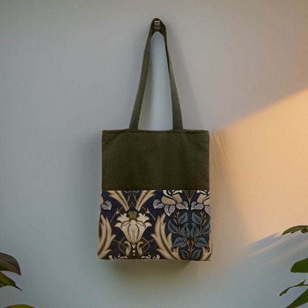 Hand Made Canvas Tote Bag with Pocket, Canvas Bag with Strap, Canvas Sholder Bag, Flower Tote Bag, Green Canvas Bag