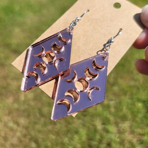 Rose Gold Moon Phase Laser Cut Earrings, diamond shaped moon earrings