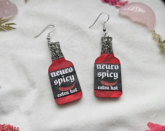 Neurospicy Hot Sauce Bottles Acrylic Earrings, neurodivergent laser cut jewelry, mental health awareness accessory