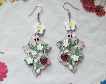 Strawberry Girly Ghosts laser cut acrylic earrings, gothic summer earrings, summerween jewelry