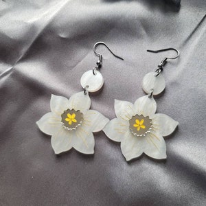 White Pearl Daffodil Acrylic Earrings, laser cut earrings
